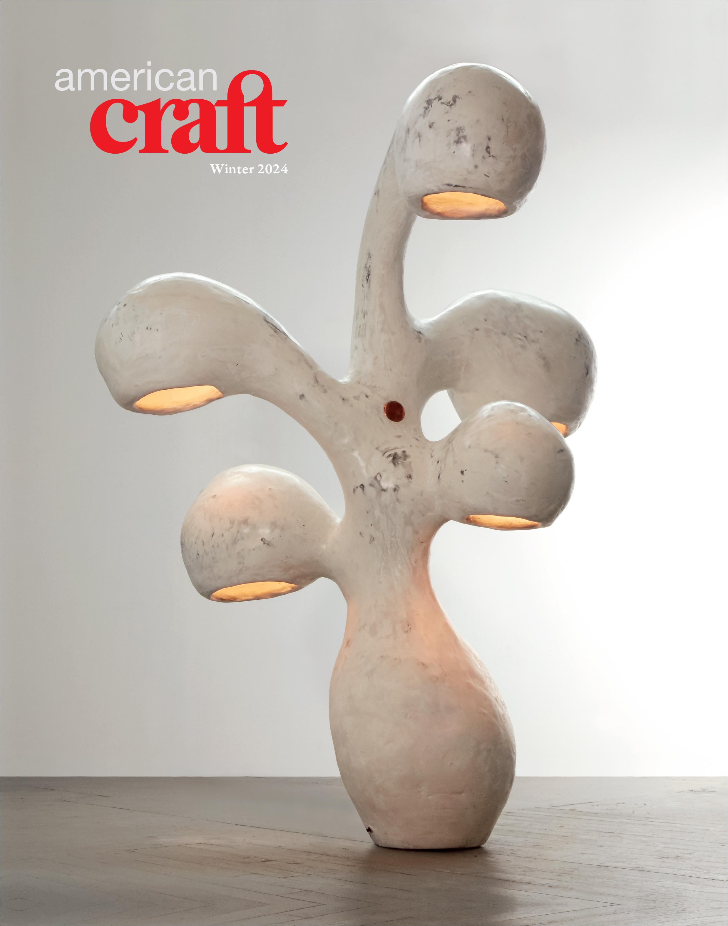 The cover of the Winter 2024 issue of American Craft features an untitled lamp from Rogan Gregory’s Fertility Form series, 2019, gypsum and copper, 77 X 47 X 60 in. Photo courtesy of R & Company.