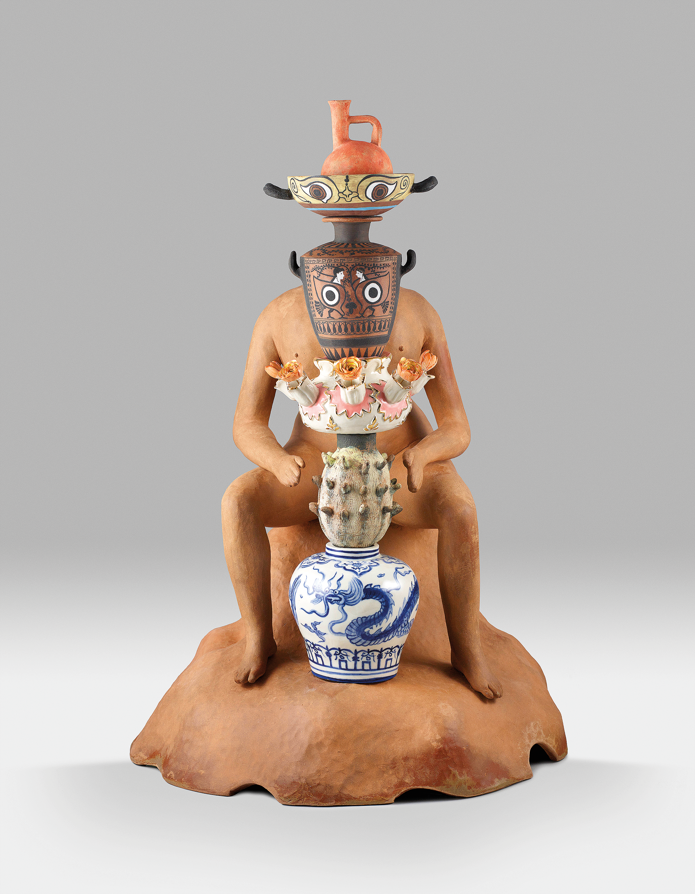 Shary Boyle, The Potter II, 2019, terracotta, porcelain, underglaze, china paint, lustre, brass rod, wood dowel, 58 x 40 x 40 cm. Courtesy of the Museum of Fine Arts, Montreal, Purchase, Suzanne Caouette Bequest, in tribute. Photo by John Jones, courtesy of the artist and Patel Brown Gallery.