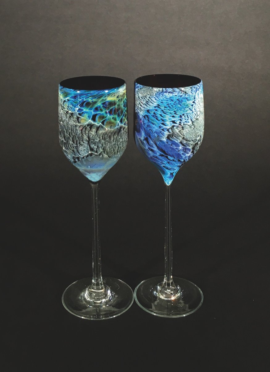 2 cerulean blue tall goblets, 8.75 inches tall
