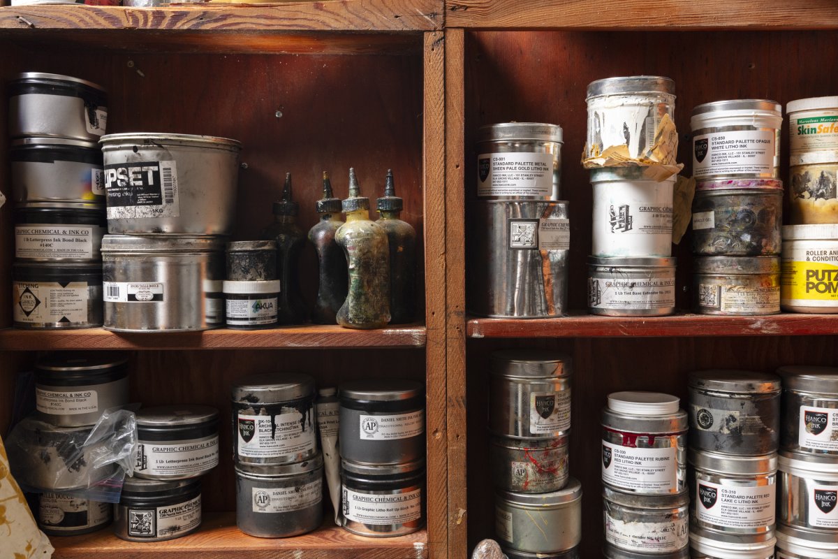 A supply shelf in Frisbie-Calder’s studio. Photo by Cedric Angeles.