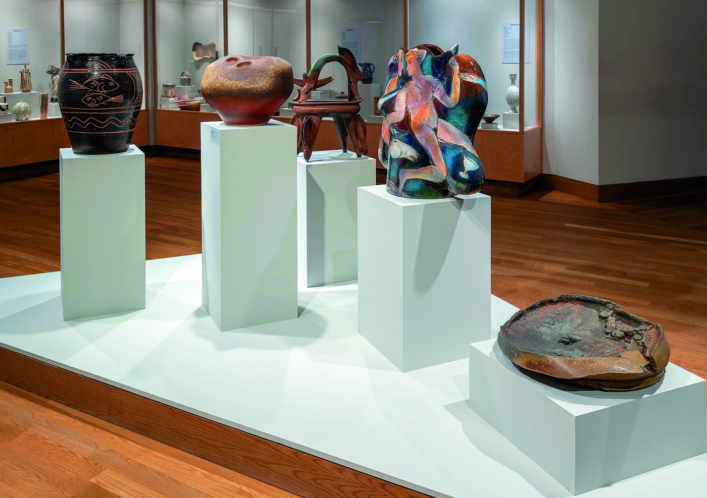 A view of 5 ceramic sculptures on display at the Weisman Art Museum. 