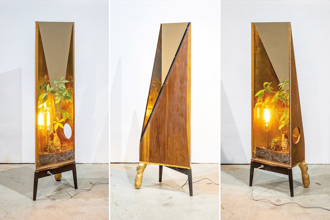 Vintage furniture made of walnut, plexiglass, brass, plants, cast aluminum and light.