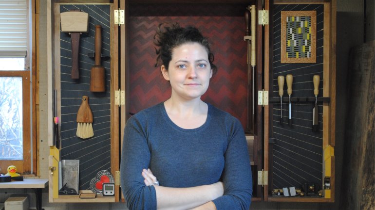 Sophie Glenn with her tool cabinet, Anni Albers in the Black Lodge, 2019, various hardwoods, brass hardware, 36 x 24 x 14 in. Photo courtesy of the artist.