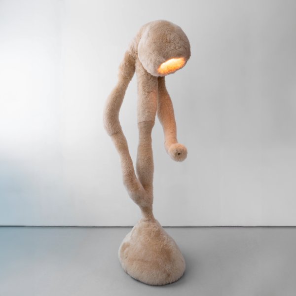 Gregory’s Boniface, 2022, is an illuminated sculpture covered in sheepskin that stands at about 8 feet tall. Photo by Alexa Hoyer, courtesy of R & Company.