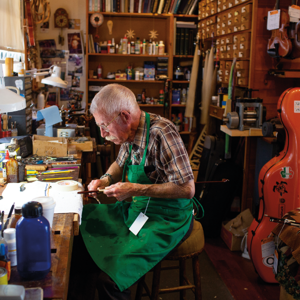 Eric’s father, Hans Benning, met his wife, fellow luthier Nancy (formerly Toenniges),  in Germany. Together they have run the shop for decades. Photo by James Bernal.