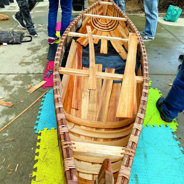 Wood frame of canoe.