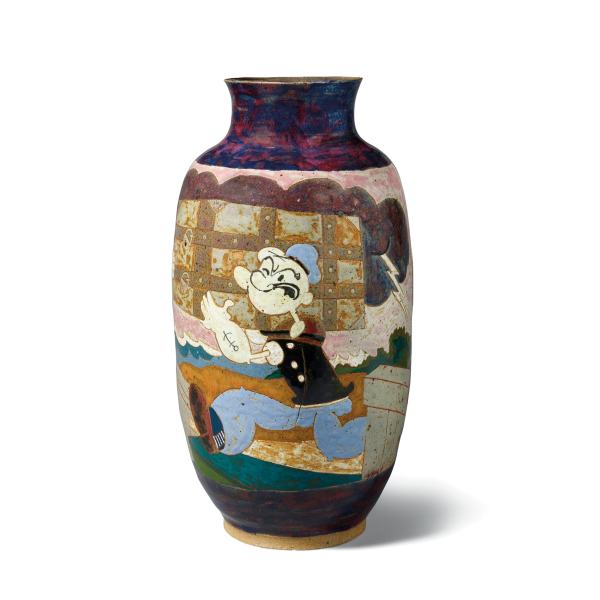 Michael and Magdalena Frimkess’s glazed stoneware Popeye/Star Lite Drive In Vase, 1987, sold for $65,895 at auction, 19 x 9.75 in.