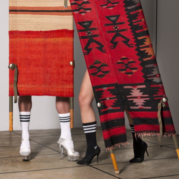 Clothing made from steel, cotton, salvaged kilim and grain sacks