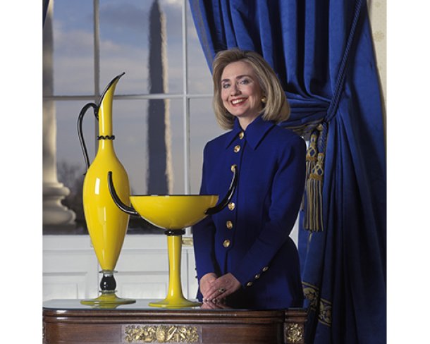 Hillary Rodham Clinton stands next to Yellow Pair