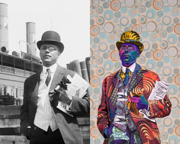 Side by side images with an antique black and white portrait of a man in a bowler hat clutching a newspaper on the left with a colorful quilted version of the same portrait on the right