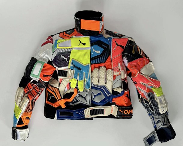 motorcycle jacket made from upcycled soccer goalie gloves