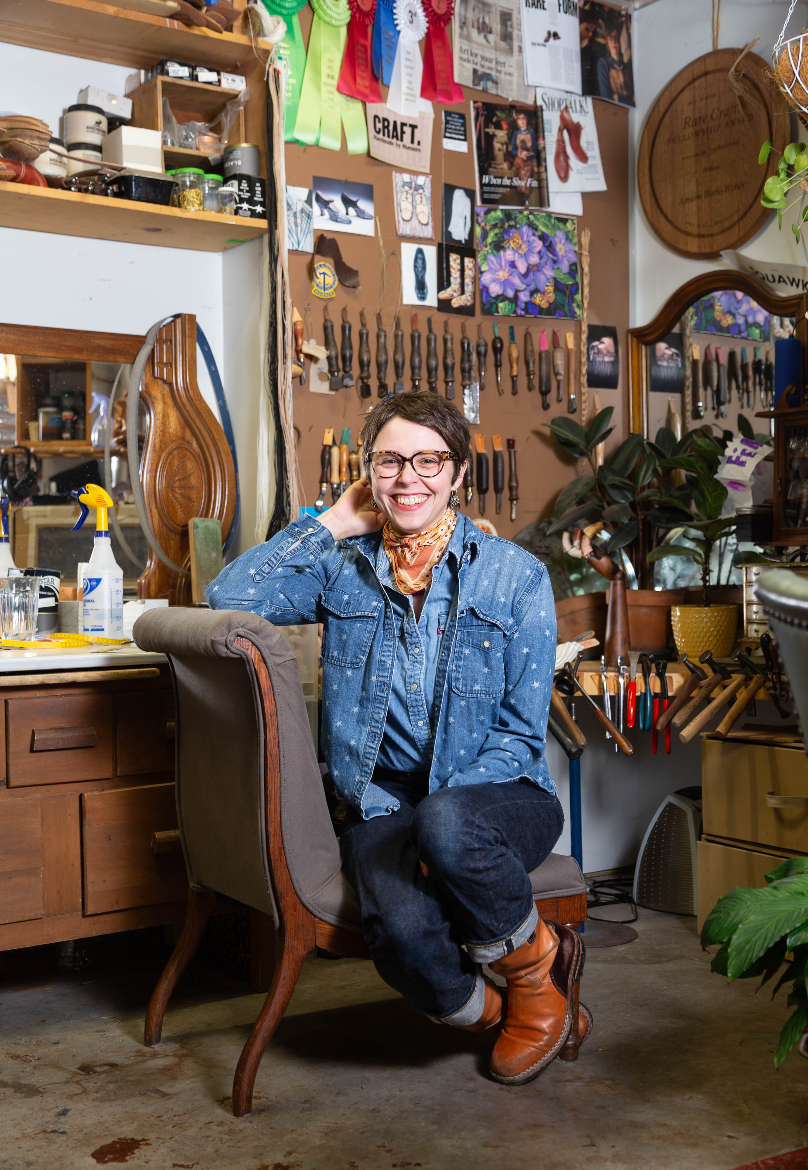 Shoemaker Amara Hark-Weber in her Saint Paul studio. Photo by Dina Kantor.