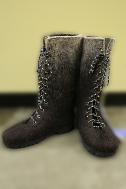 Wet felted boots using wool from Karakul sheep