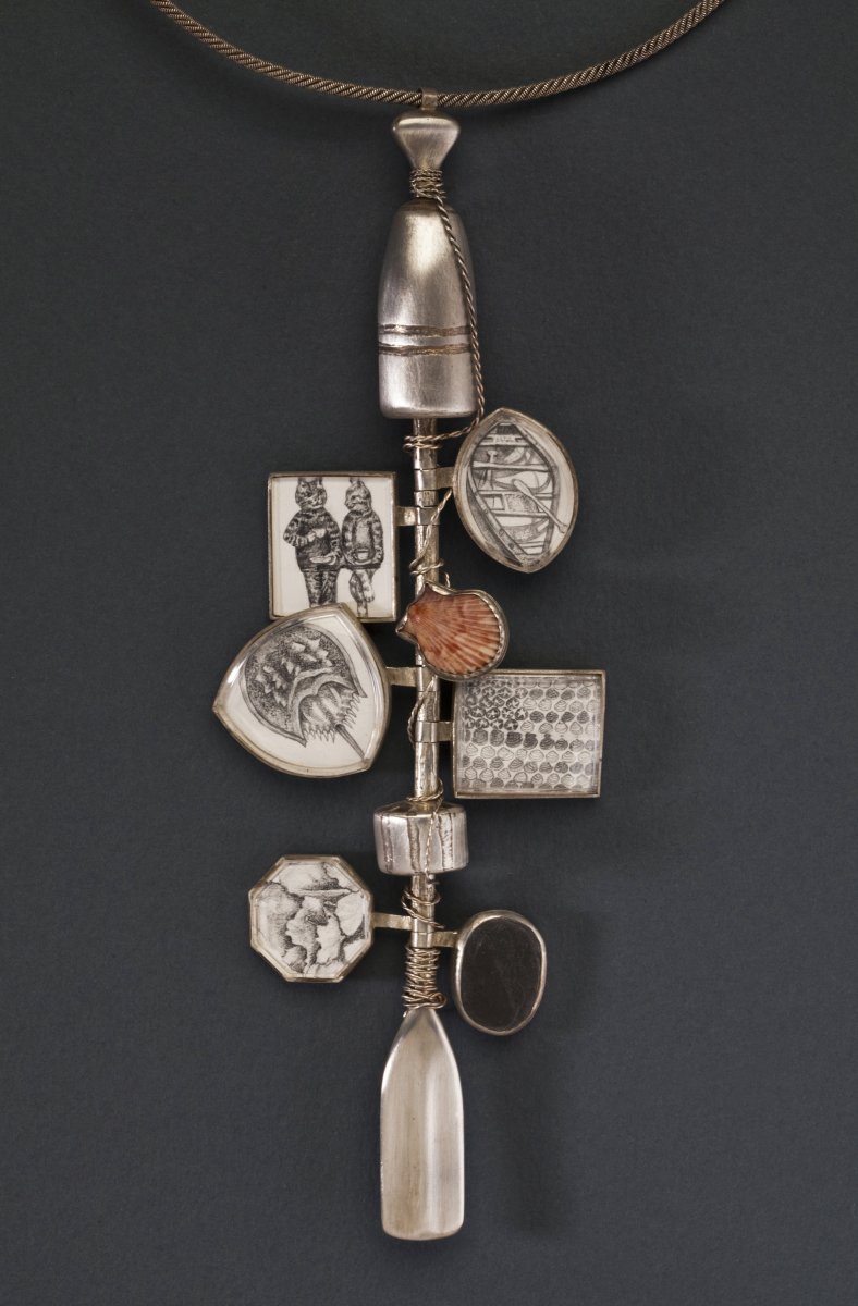 Cape Cod Remembered, 2000, cast and fabricated neckpiece, fine and sterling silver, pencil drawings on paper, watch crystals, stone, shells from Cape Cod, 13”x5/2”x1/2” (Smithsonian Institution)