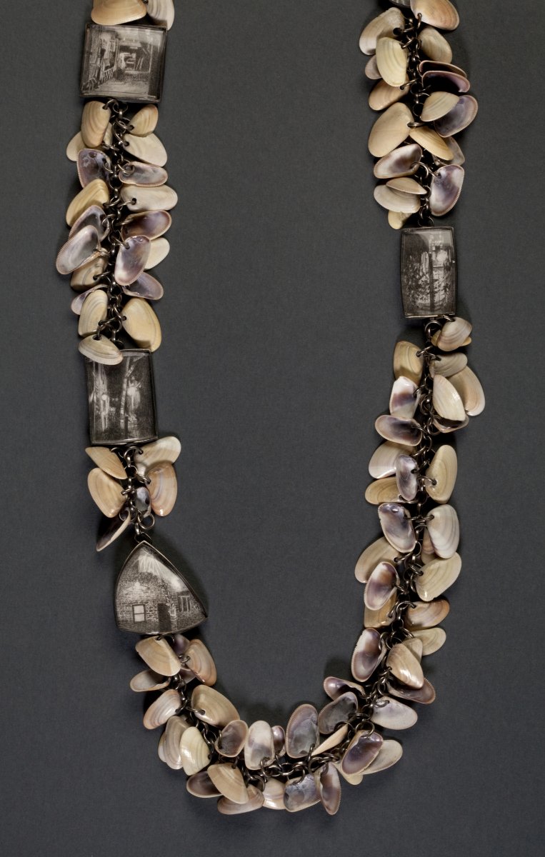 Newport with Mom and Mary, 2001, fabricated neckpiece, sterling silver, copper, pencil drawings on paper, watch crystals, shells from Newport Beach, 18”x71/4”x1/2”