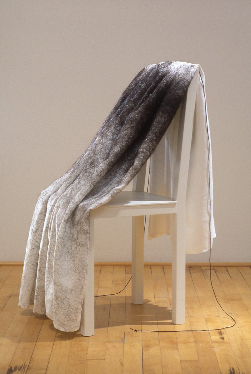 Anne Wilson Lost, 1998 Cloth, hair, thread, leather cord, wood chair 36 x 22 x 23.5 inches Collection: Lester Marks Photo: