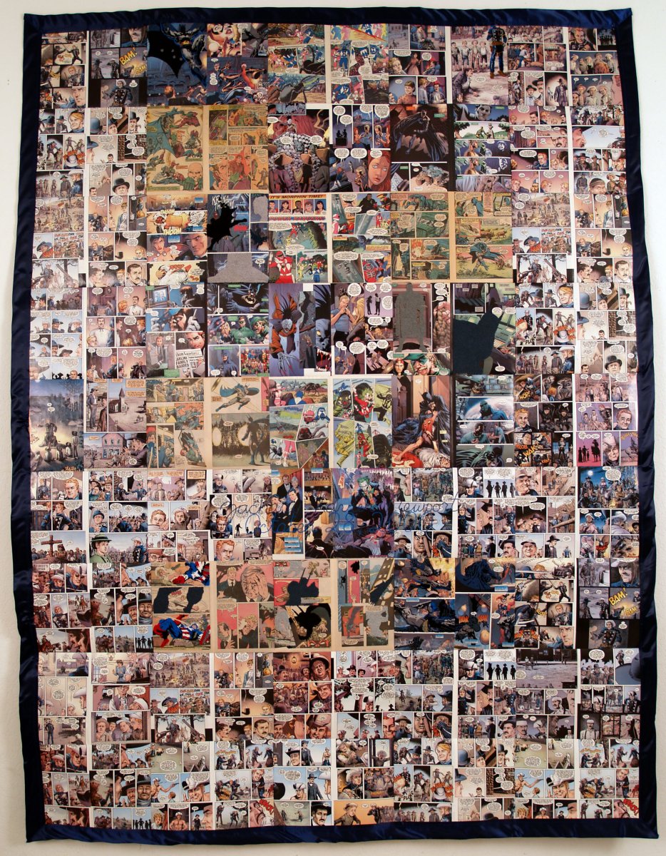Freedom Bedcover: Zachary. 2006. Embroidery and satin ribbon on comic book pages. Photography: Mark Newport.