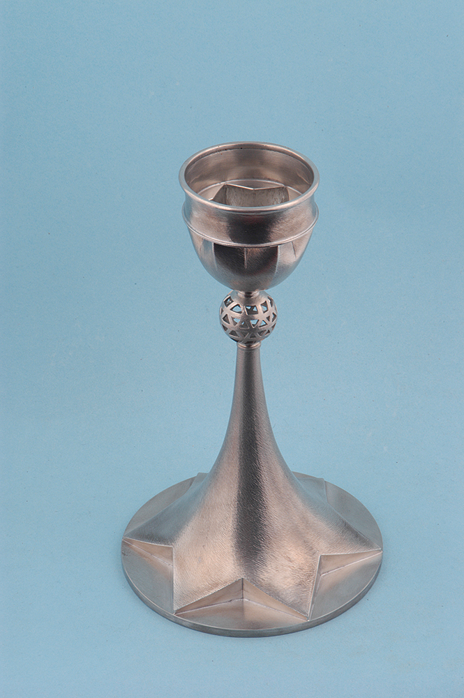 Kiddush cup, circa 1986, pewter, 9.5 x 5.75 inches.