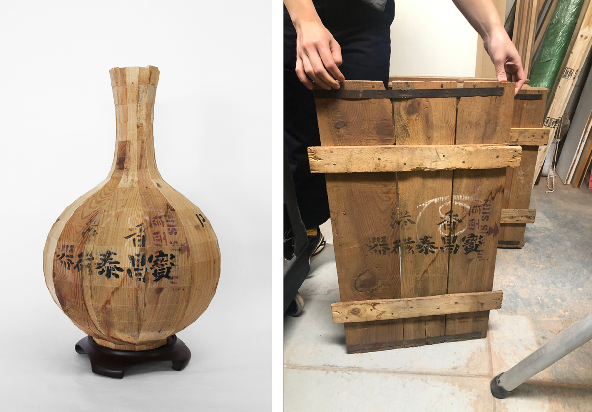 Tianqiuping Vase I, 16 x 11 x 11 in., is pictured next to a fragment of the pine crate from which Chiu made it. Photo by Vivian Chiu.