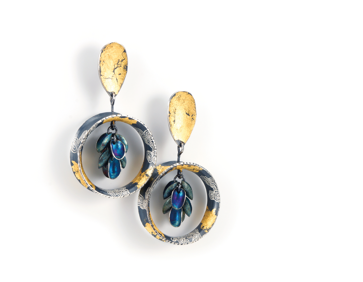Oriental Hill series earrings, made of oxidized silver, 24k gold leaf.