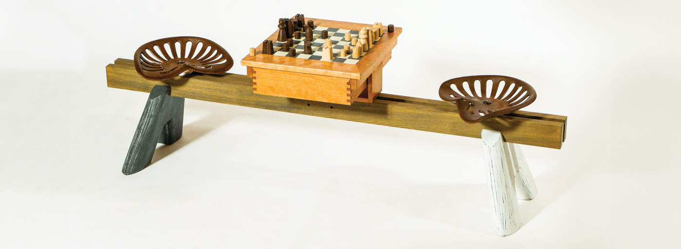 Chess Bench, 2013, ash, poplar, cherry, and cast iron, 19 x 80.5 x 20.5 in. 