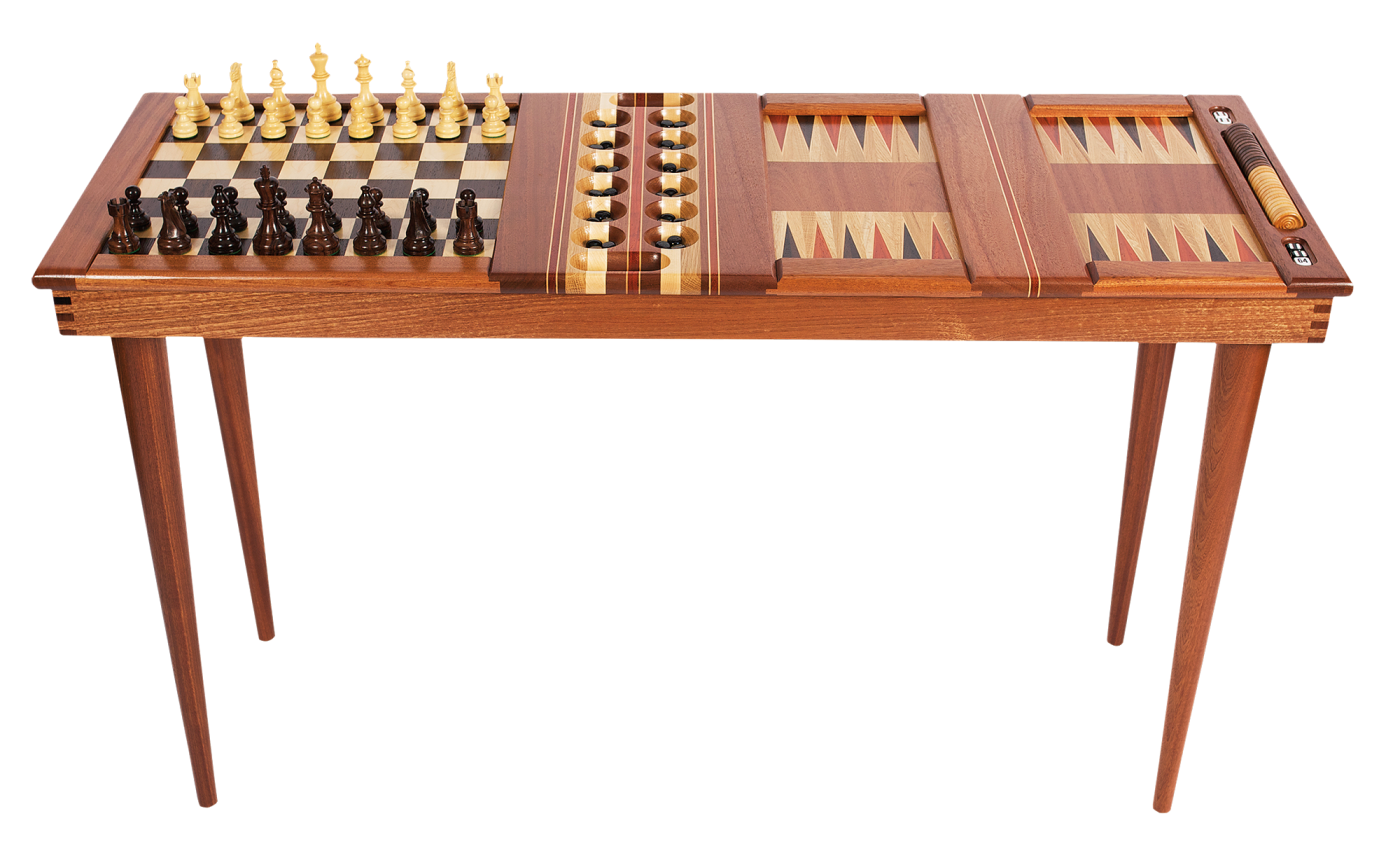 The backgammon board in David Levy’s Hardwood Game Table is made of Peruvian walnut, padauk, sapele, white oak, and maple. Photo by David Levy.