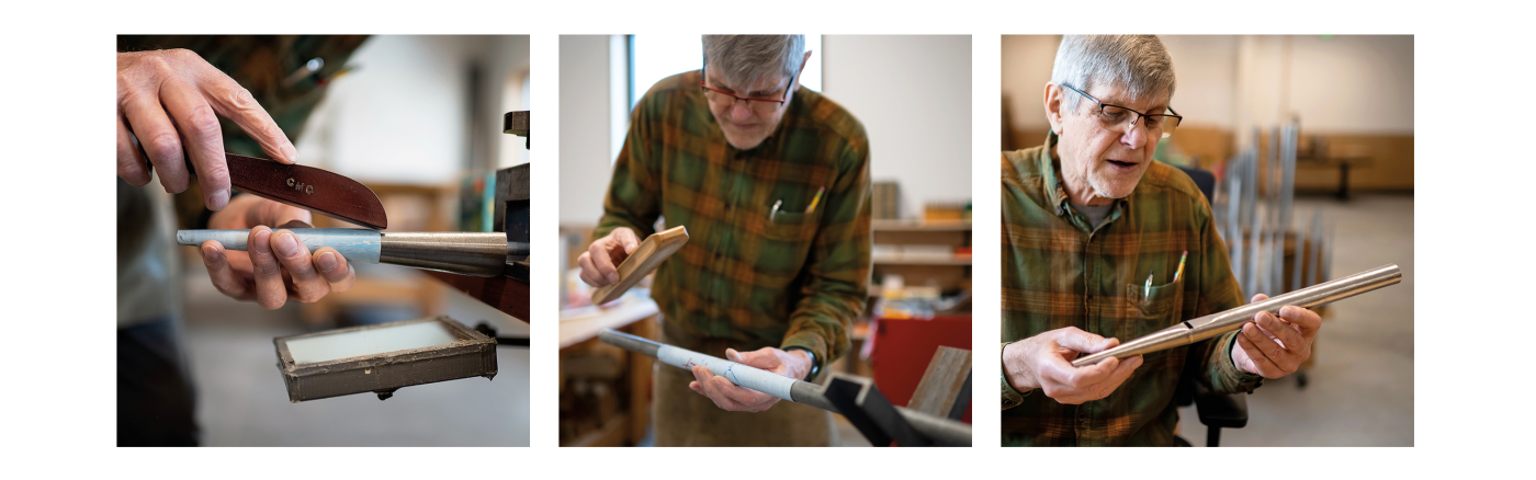 Martin Pasi makes the “lip” on a new pipe, using a mirror to keep track of the seam (LEFT); shapes the pipe using a from called a mandrel (CENTER); and shows a finished pipe (RIGHT)