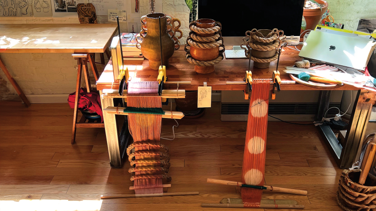 A large desk anchors the workstation in Terumi Saito’s home studio. Photo by Izaac Costiniano.