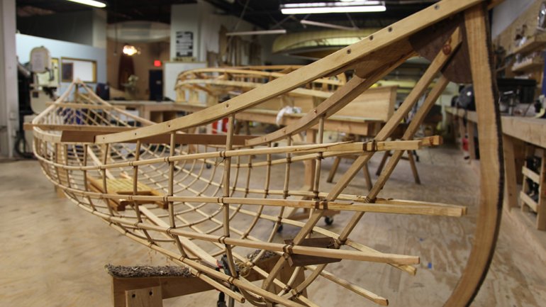 An in-progress canoe at the Urban Boatbuilders workshop