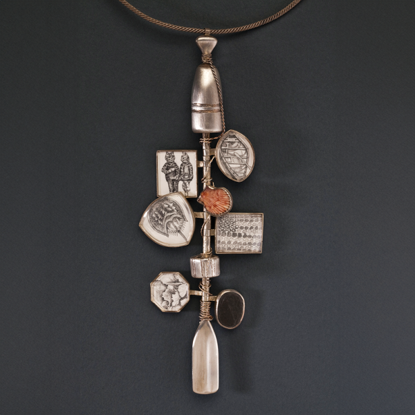 Cape Cod Remembered, 2000, cast and fabricated neckpiece, fine and sterling silver, pencil drawings on paper, watch crystals, stone, shells from Cape Cod, 13 x 2.5 x .5 in. Photos by r.r. jones.