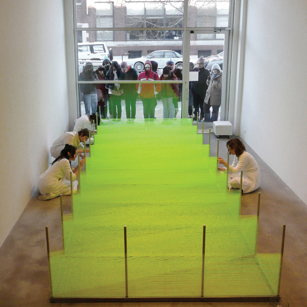 Wind-Up: Walking the Warp, 2008, Anne Wilson’s performance and sculpture at Rhona Hoffman Gallery. Performance team included Sara Rabinowitz, Carla Duarte, Annie Egleson, Jongock Kim, Rosemary Lee, Christy Matson, Rachel Moore, Rana Siegel, and Anne Wilson. Photo by Surabhi Ghosh.