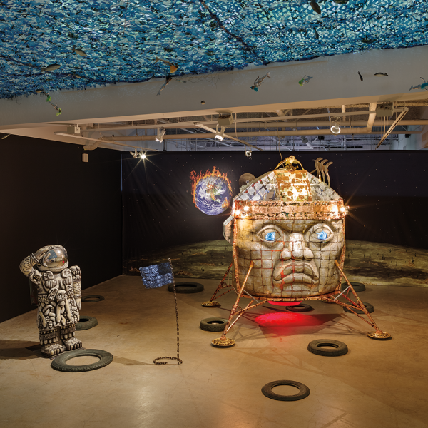 Colonial Atmosphere, 2002, mixed-media sculpture installation, 140 x 360 x 450 in., pictured at the 2023 de la Torre Brothers: Post-Columbian Futurism exhibition at the Institute of Contemporary Art, San Diego. Photos by Philip Rittermann.