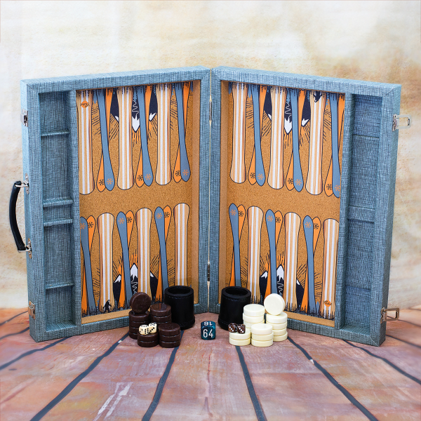 The Crisloid company's attaché-style BackCountry backgammon set, complete with Yeti, features a cork playing surface. Photo courtesy of the manufacturer.