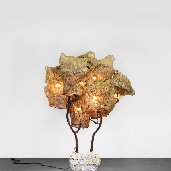 Nacho Carbonell’s Floor Lamp Concrete Base 5 (36/2016), has a concrete base, welded metal branches, and a shade made of metal mesh with textile hardener and pigments, 87 x 65 x 55 in. Photo courtesy of Carpenters Workshop Gallery. 