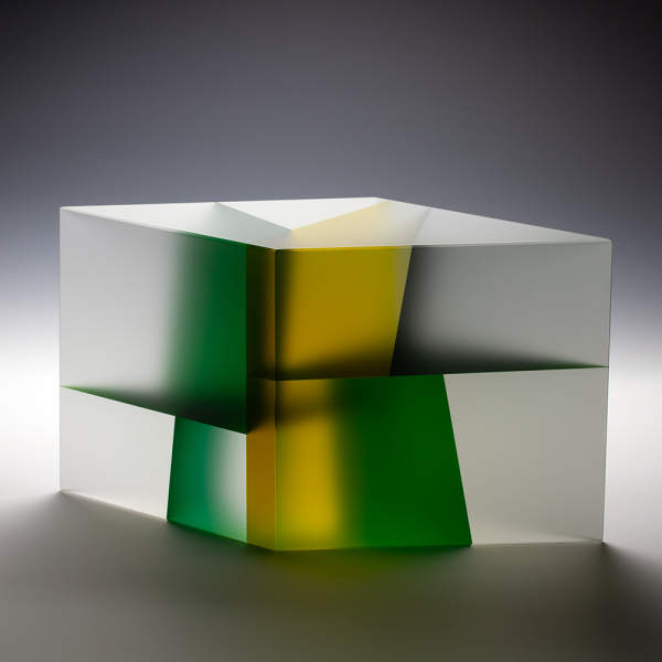 Green Parallelepiped Segmentation, 2023, cut, laminated, and carved glass, 7.75 x 15 x 6.5 in. Photo by Jiyong Lee.