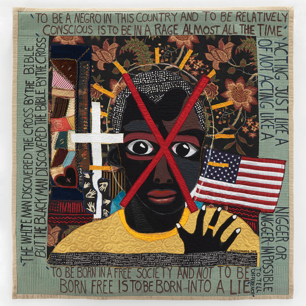 James Baldwin: Born Into a Lie #1, 2019, recycled textiles, 72 x 64 in. Photos by Christopher Burke Studio.