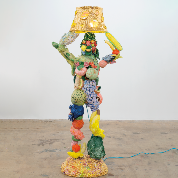 Katie Stout’s Fruit Lady (Gold), 2020, ceramic, paint, glaze, and gold luster, 71 x 32 x 17 in. Photo courtesy of Nina Johnson, Miami.