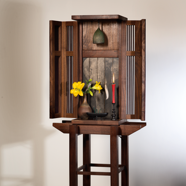 Bell Shrine, 2015, wood, bronze, ink, 65 x 16 x 12 in. Photo by Scott Cartwright and David Harrison.