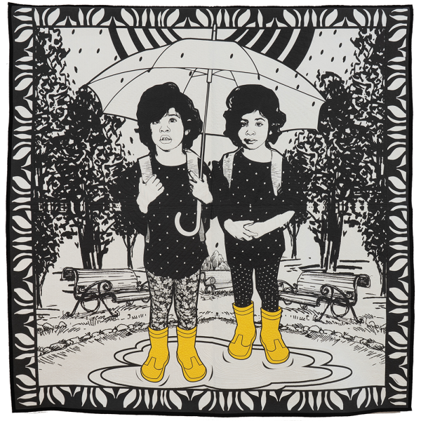 Quilter, curator, and writer Carolyn Mazloomi’s 2022 quilt Rainy Day Twins in the Time of Covid will appear in her first solo show at Claire Oliver Gallery in New York City. 80 x 79 x 1 in. Photo courtesy of Claire Oliver Gallery.