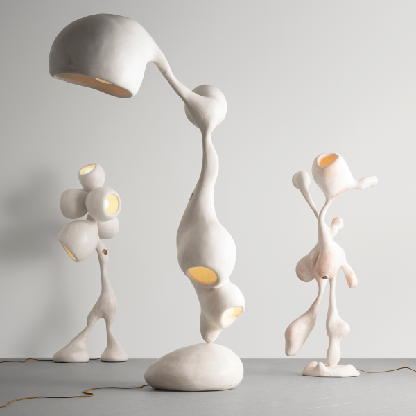 Rogan Gregory’s gypsum lamps including (left to right) Loe Depositor, 2022, 66 x 31 in.; Ovorepository, 2022, 91 x 24 in.; and Tiny Dancer (Ballerina), 2022, 68 x 18 x 22 in. Photo by Joe Kramm, courtesy of R & Company.