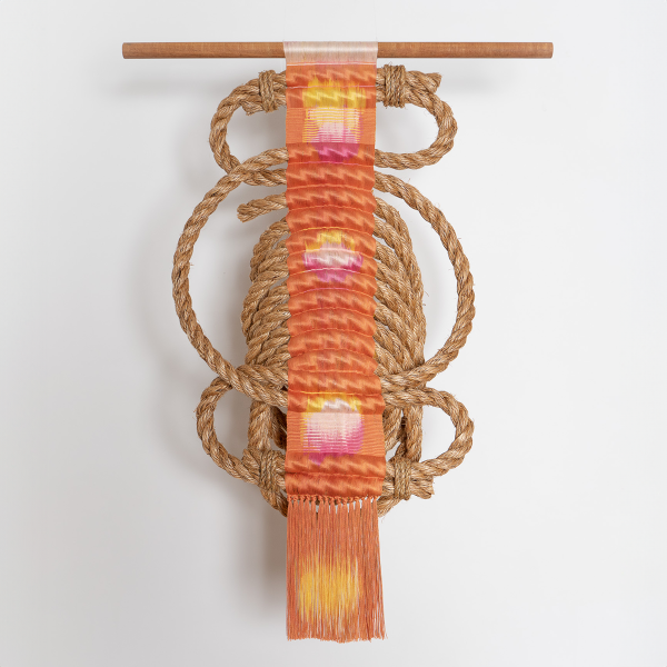 Seeking Light (IV), 2024, silk dyed with kihada and cochineal, hemp rope, jute twine, wood, 37 x 28 x 11 in. Photo by Leander Capuozzo, courtesy of Forecast.