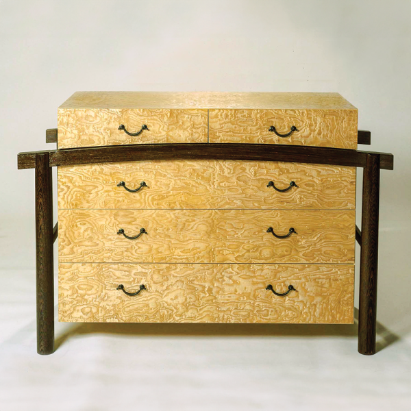 Torii Tansu chest, made from burled tamo and wenge wood. 