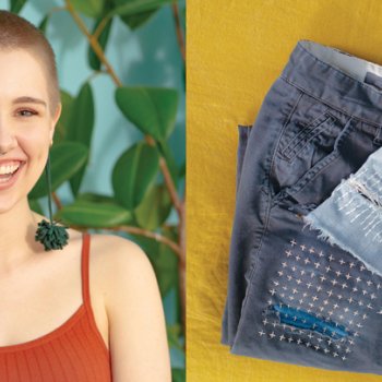 Portrait of Lily Fulop with mended pants and shorts