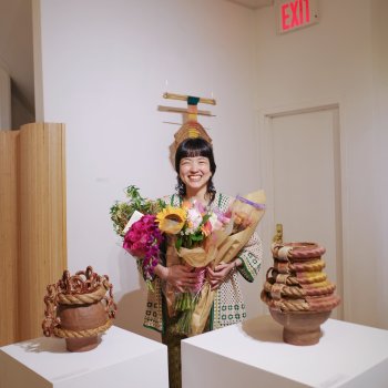 Terumi Saito at her exhibition Earthen: Interweaving Fiber and Clay at Forecast Gallery in Brooklyn. Photo by Tina Nguyen, courtesy of Forecast.