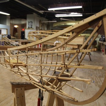 An in-progress canoe at the Urban Boatbuilders workshop