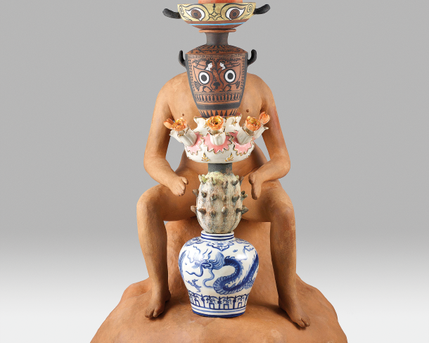 Shary Boyle, The Potter II, 2019, terracotta, porcelain, underglaze, china paint, lustre, brass rod, wood dowel, 58 x 40 x 40 cm. Courtesy of the Museum of Fine Arts, Montreal, Purchase, Suzanne Caouette Bequest, in tribute. Photo by John Jones, courtesy of the artist and Patel Brown Gallery.