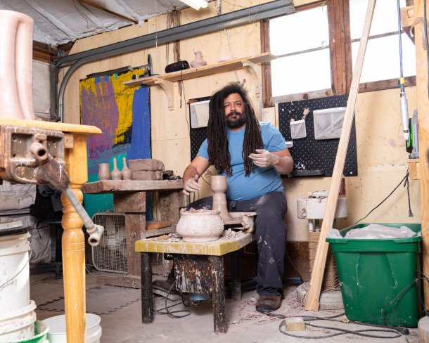 Potter and educator Dom Venzant in his studio. Photo by Dina Kantor.