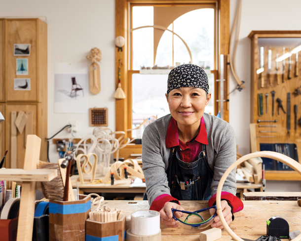 Yuri Kobayashi at the Center for Furniture Craftsmanship in Rockport, Maine. Photo by Danielle Sykes. 