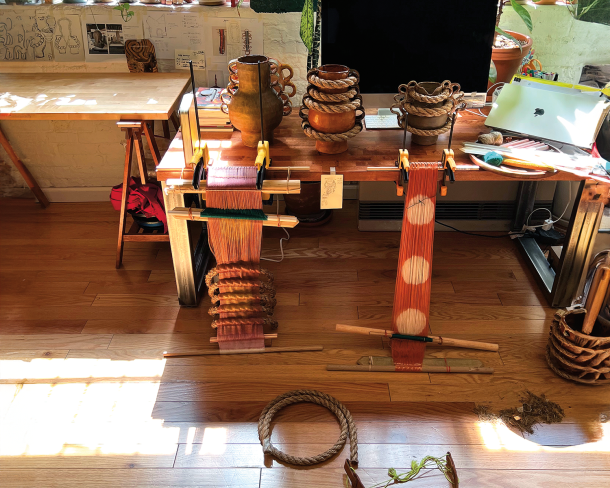 A large desk anchors the workstation in Terumi Saito’s home studio. Photo by Izaac Costiniano.