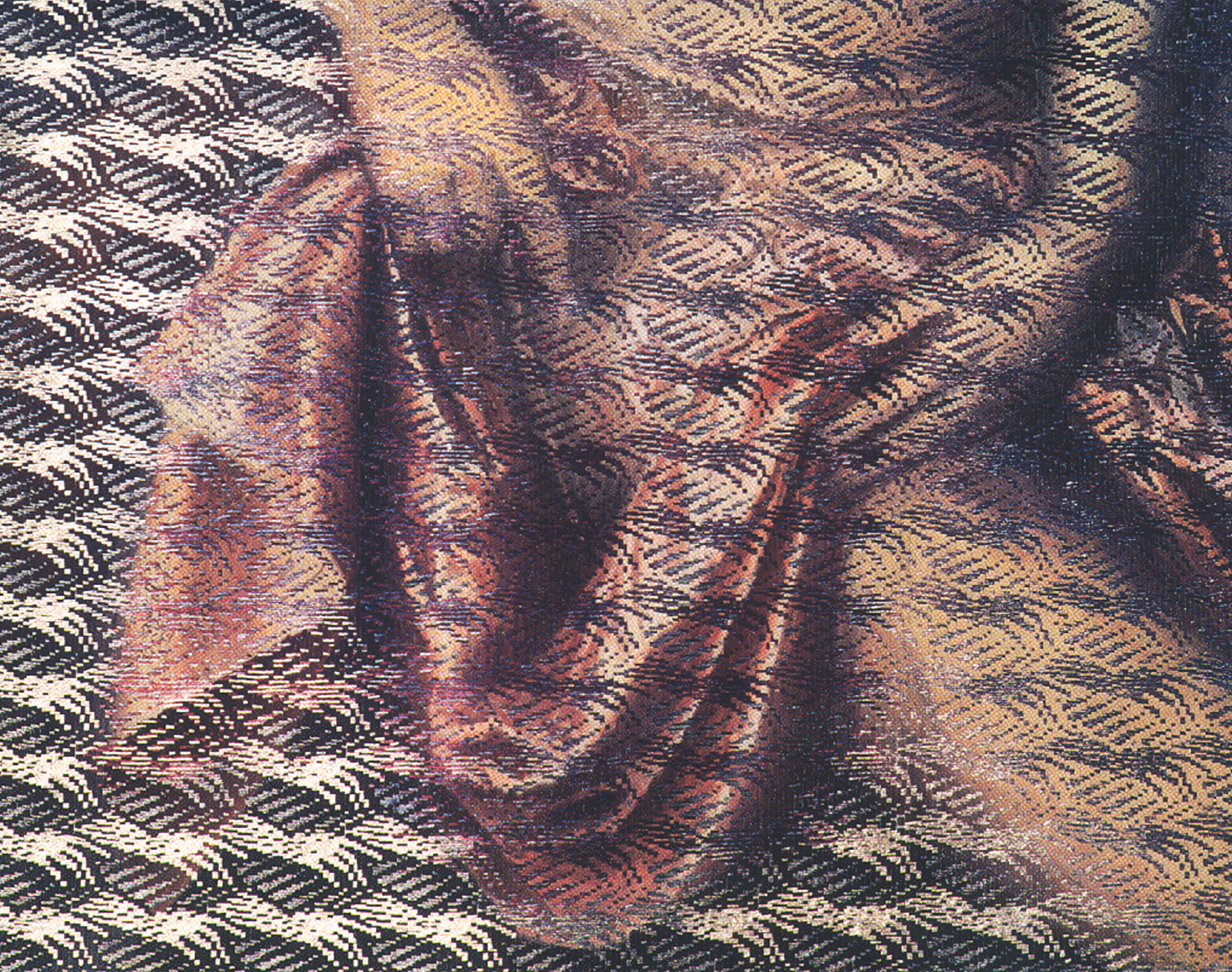 Textural tapestry depicting a dress being lifted up a leg